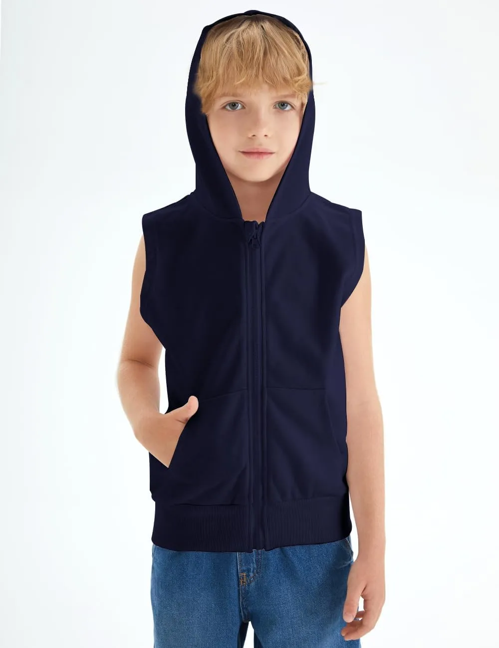 Spring&Gege Boys Full Zip Sleeveless Hooded Vest Basic Zipper Tank Tops Sweatshirt with Pockets