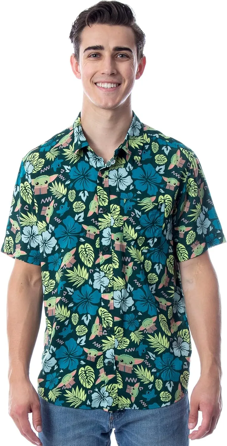 Star Wars Men's The Mandalorian Grogu Baby Yoda Leaves Hawaiian Button Up Shirt