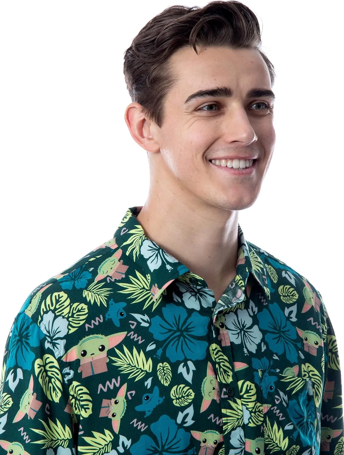 Star Wars Men's The Mandalorian Grogu Baby Yoda Leaves Hawaiian Button Up Shirt