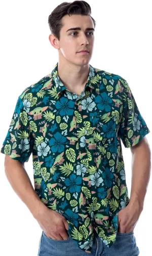 Star Wars Men's The Mandalorian Grogu Baby Yoda Leaves Hawaiian Button Up Shirt