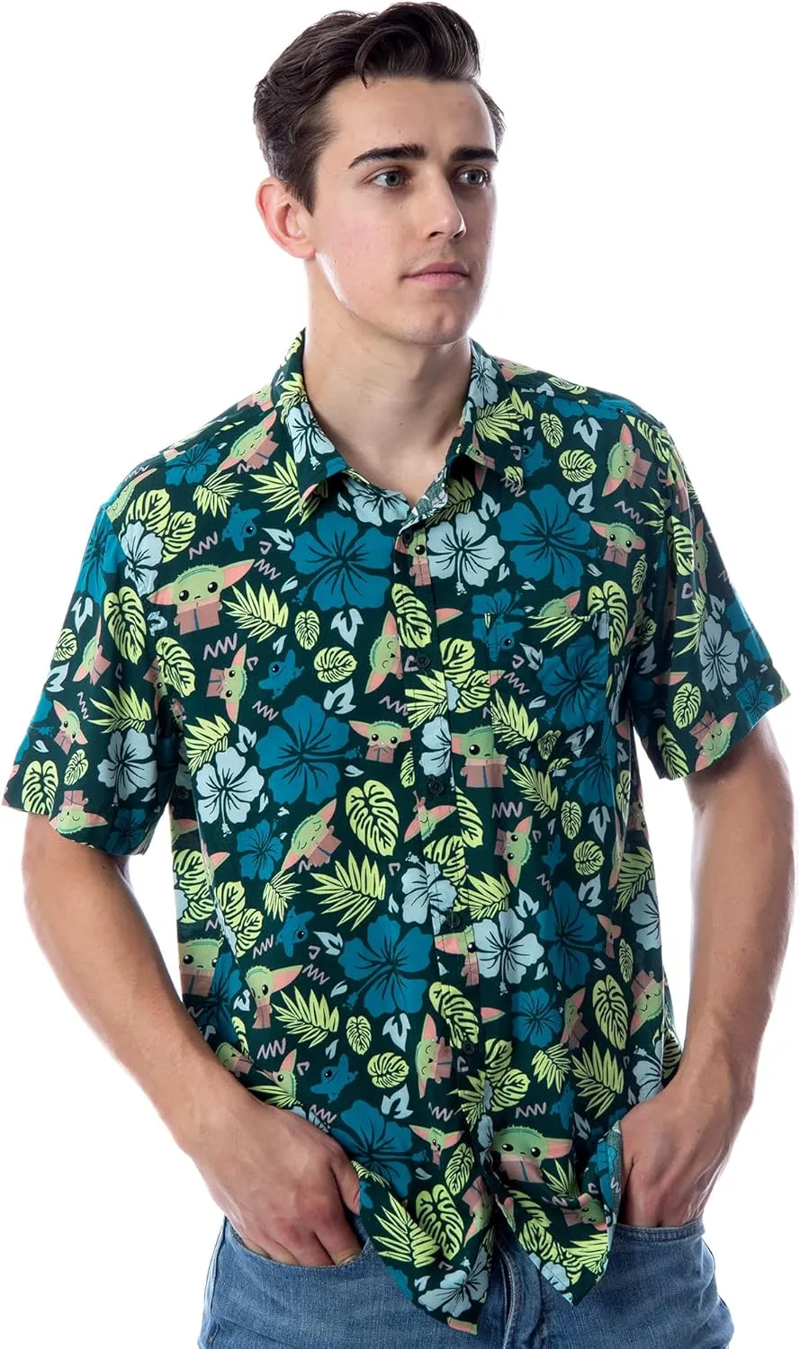 Star Wars Men's The Mandalorian Grogu Baby Yoda Leaves Hawaiian Button Up Shirt