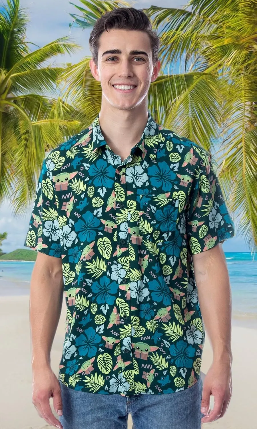 Star Wars Men's The Mandalorian Grogu Baby Yoda Leaves Hawaiian Button Up Shirt