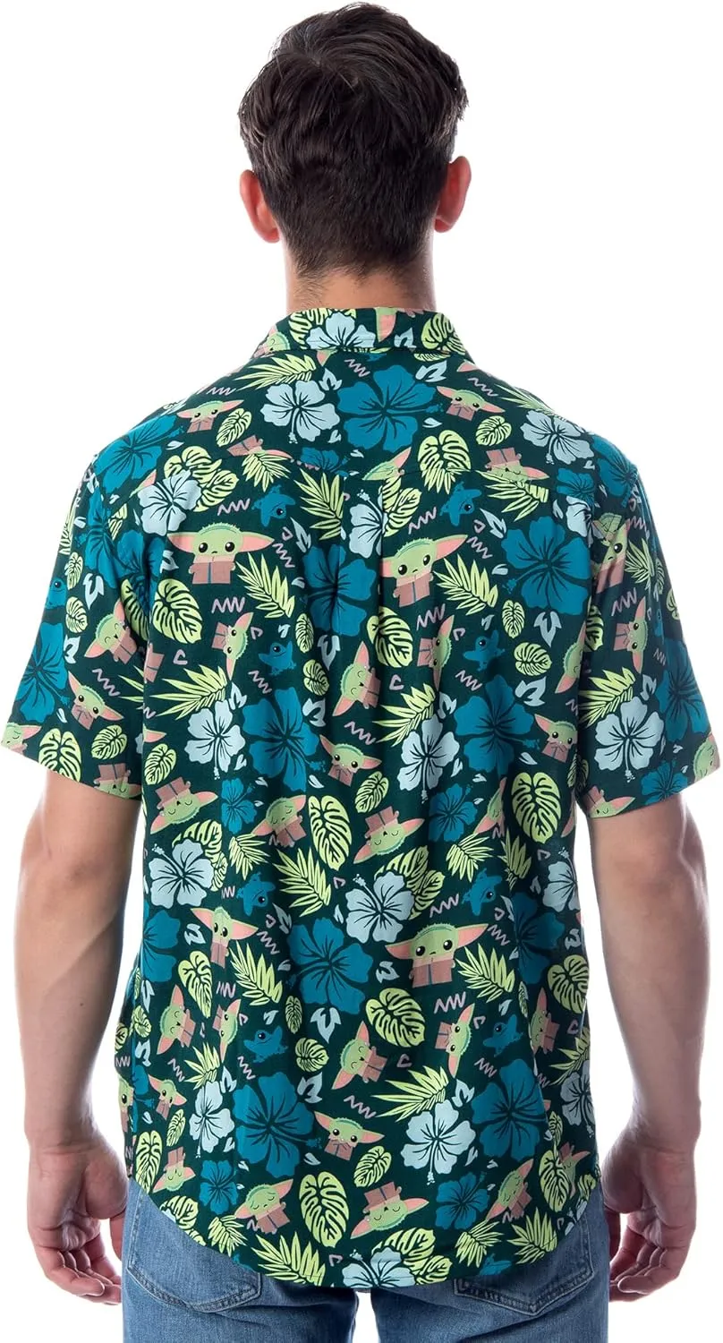 Star Wars Men's The Mandalorian Grogu Baby Yoda Leaves Hawaiian Button Up Shirt
