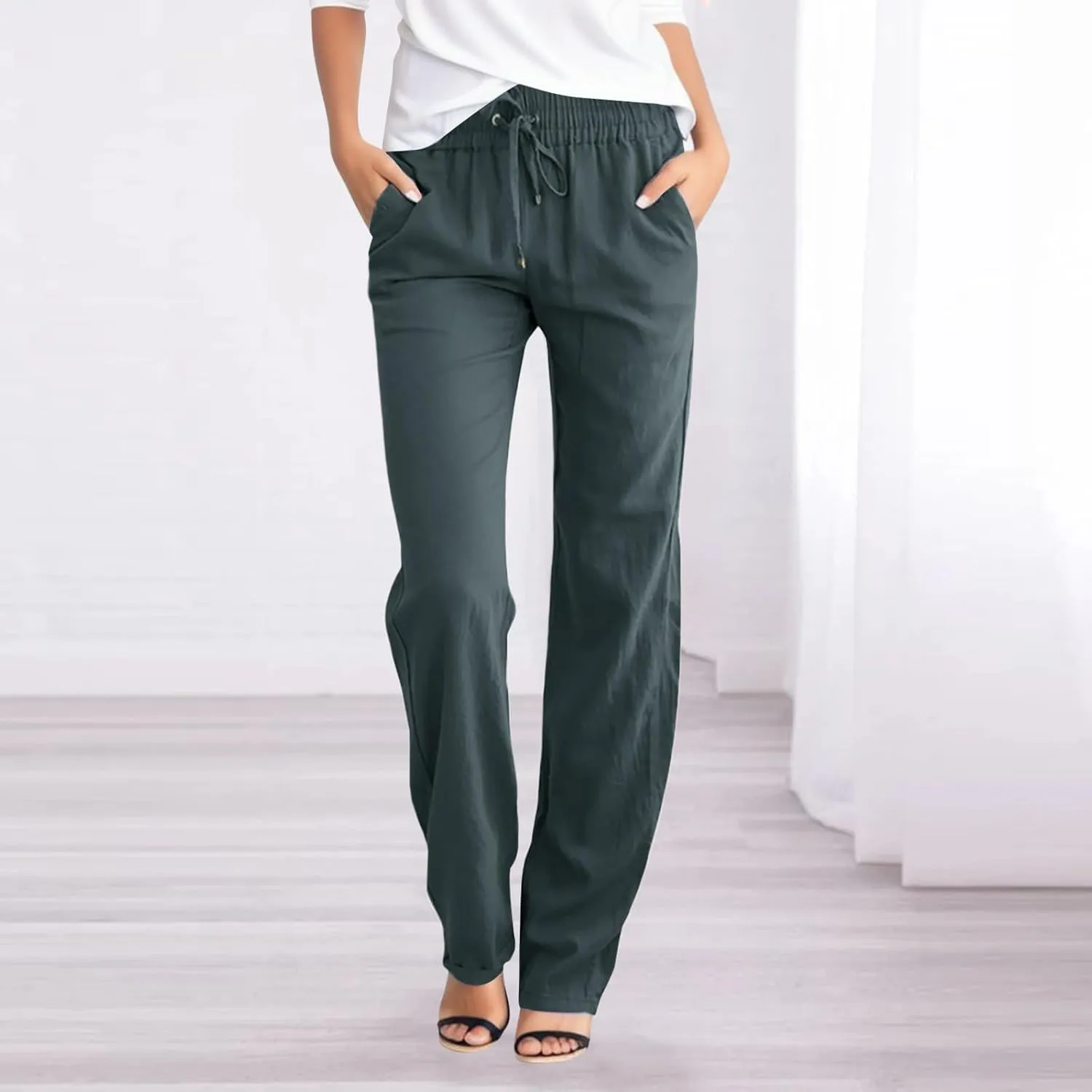 Straight Leg Pants For Women Long Cotton Linen Trouser Elastic High Waist Drawstring Loose Fit Palazzo Sweatpants