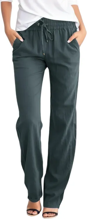 Straight Leg Pants For Women Long Cotton Linen Trouser Elastic High Waist Drawstring Loose Fit Palazzo Sweatpants