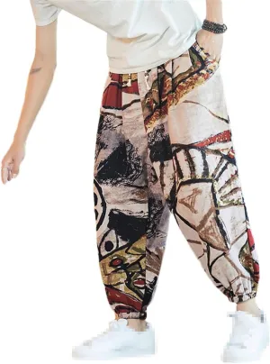 Streetwear Mens Harem Pants Vintage Linen Casual Pants Jogging Male Wide Leg Trousers Big Size