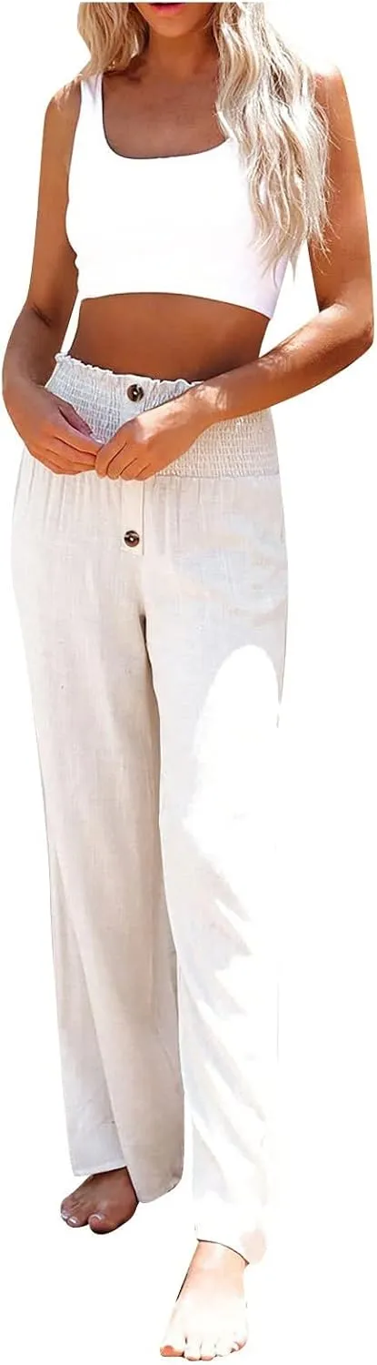 Striped Linen Blend Pants for Women Linen Pants for Women Flowy Wide Leg High Waisted Palazzo Beach Pants Summer