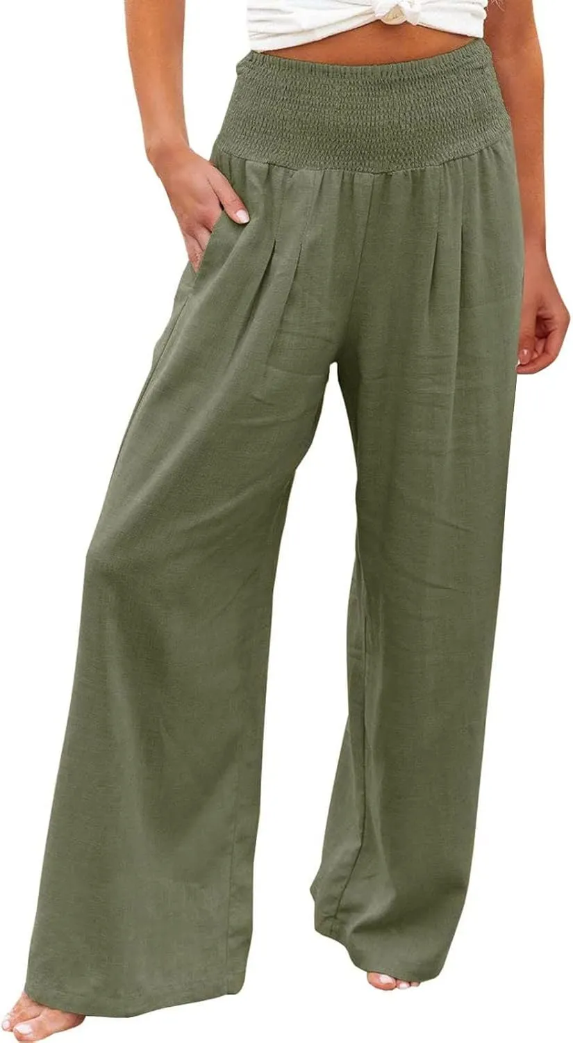 Striped Linen Blend Pants for Women Linen Pants for Women Flowy Wide Leg High Waisted Palazzo Beach Pants Summer