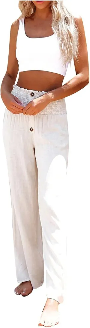 Striped Linen Blend Pants for Women Linen Pants for Women Flowy Wide Leg High Waisted Palazzo Beach Pants Summer