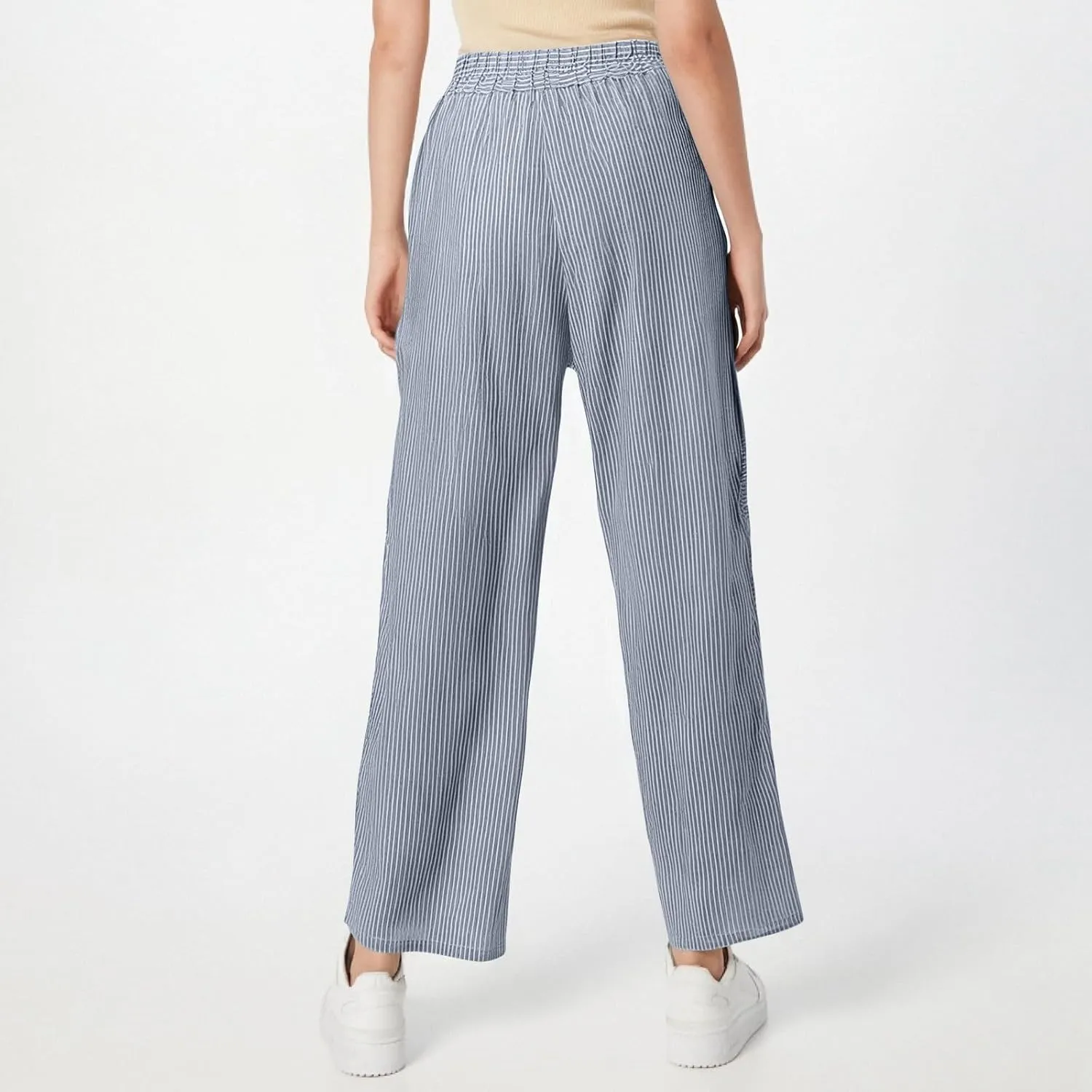 Striped Linen Pants Women Cropped Side Button Elastic Waist Capris Lightweight Summer Beach Trousers with Pocket