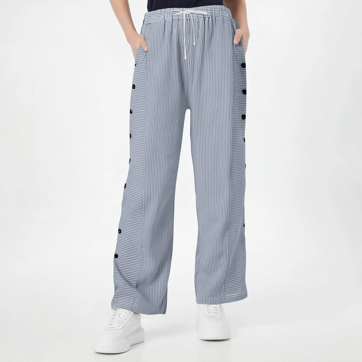 Striped Linen Pants Women Cropped Side Button Elastic Waist Capris Lightweight Summer Beach Trousers with Pocket