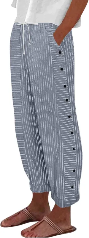 Striped Linen Pants Women Cropped Side Button Elastic Waist Capris Lightweight Summer Beach Trousers with Pocket
