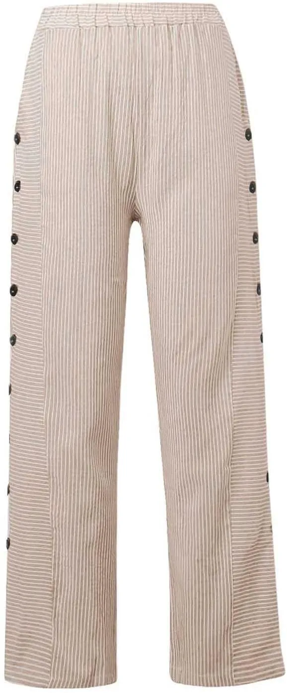 Striped Pants Women Side Button Pockets Baggy Elastic Waist Straight Leg Trousers Summer Beach Casual Pants for Women