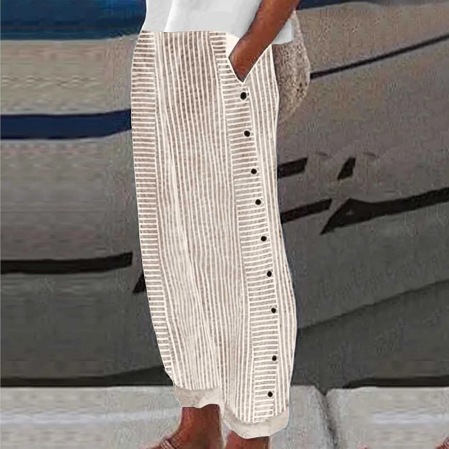 Striped Pants Women Side Button Pockets Baggy Elastic Waist Straight Leg Trousers Summer Beach Casual Pants for Women