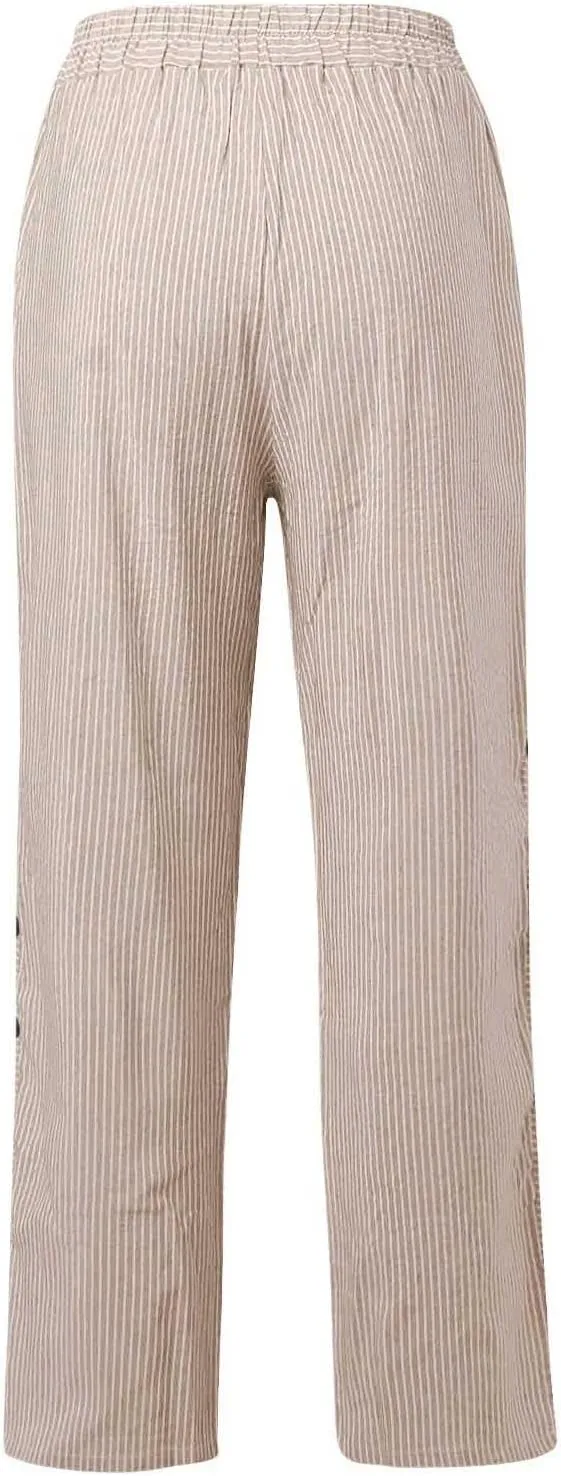 Striped Pants Women Side Button Pockets Baggy Elastic Waist Straight Leg Trousers Summer Beach Casual Pants for Women