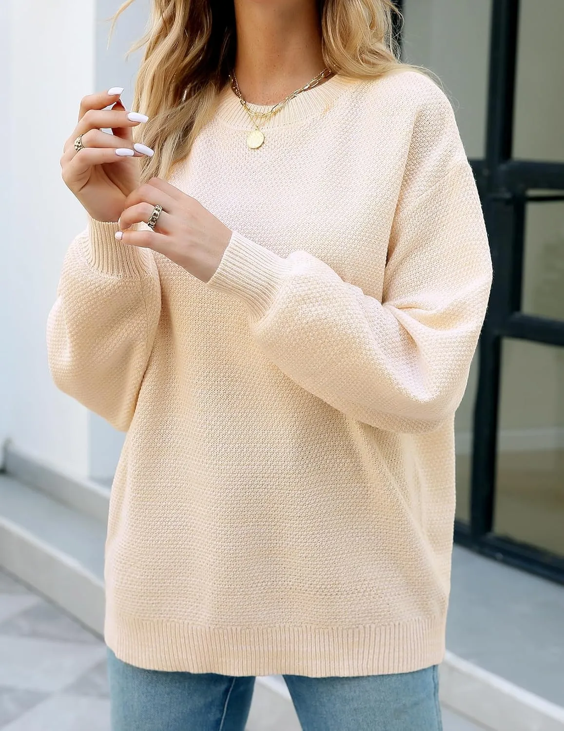 Sucolan Oversized Sweaters for Women Heathered Long Sleeve Crew Neck Pullover Knit Sweater Casual Fall Tops 2024 Fashion