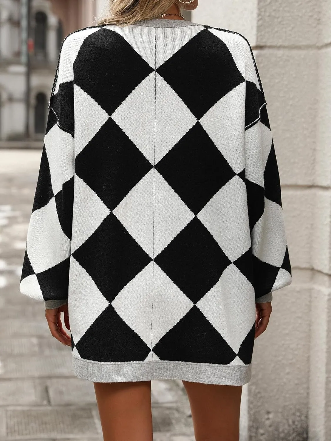 Sumleno Women Argyle Preppy Cardigan Sweaters Long Sleeve Button Open Front Oversized Knit Tops Fall Winter Y2k Outfits