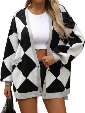 Sumleno Women Argyle Preppy Cardigan Sweaters Long Sleeve Button Open Front Oversized Knit Tops Fall Winter Y2k Outfits