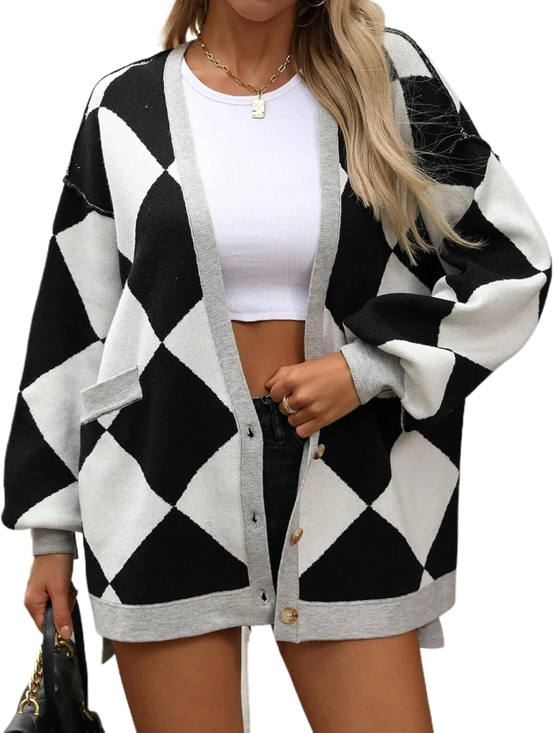 Sumleno Women Argyle Preppy Cardigan Sweaters Long Sleeve Button Open Front Oversized Knit Tops Fall Winter Y2k Outfits