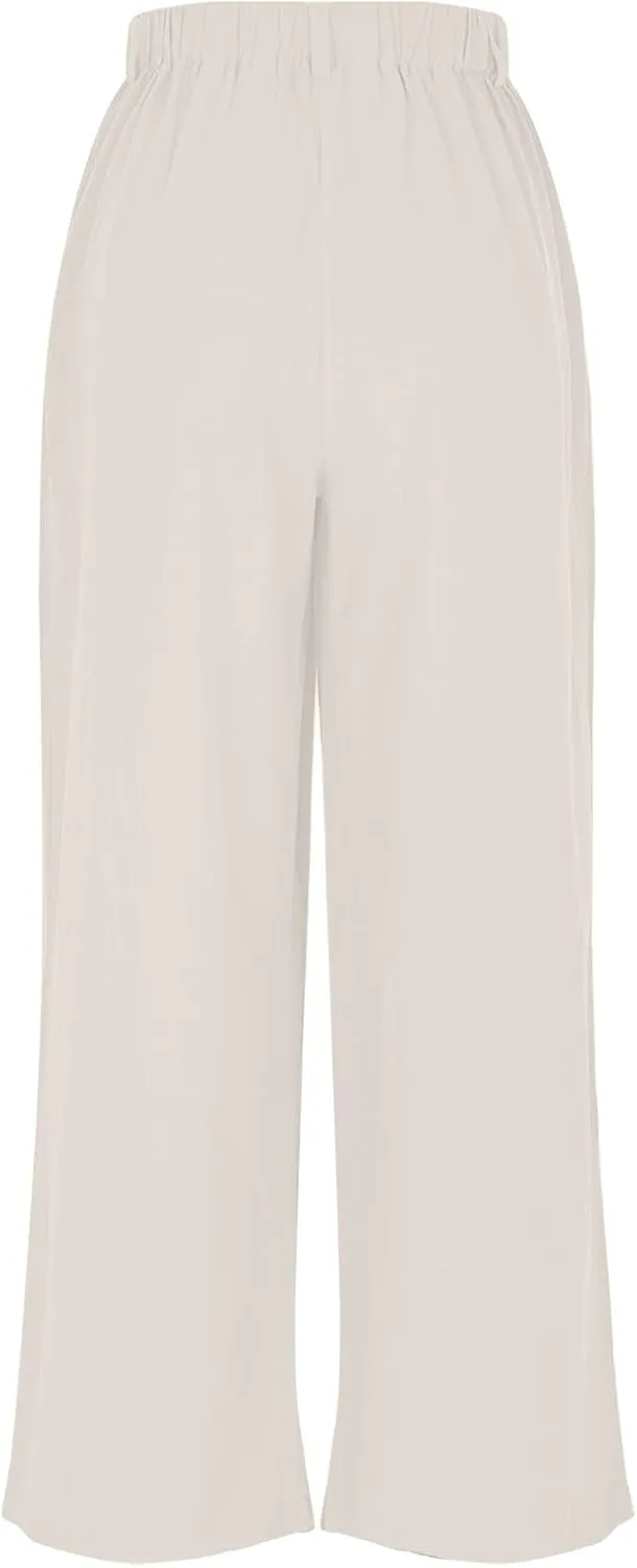 Summer Cotton Linen Pants for Women Loose Fit Wide Leg Trousers High Waist Flowy Beach Palazzo Pants with Pocket