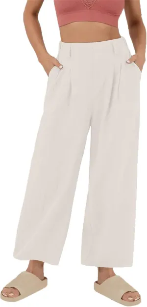 Summer Cotton Linen Pants for Women Loose Fit Wide Leg Trousers High Waist Flowy Beach Palazzo Pants with Pocket