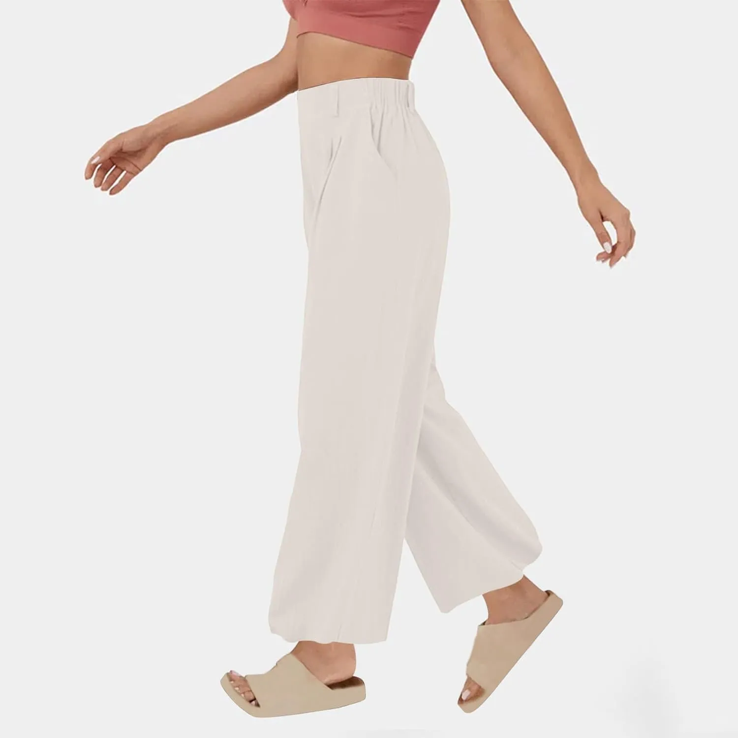 Summer Cotton Linen Pants for Women Loose Fit Wide Leg Trousers High Waist Flowy Beach Palazzo Pants with Pocket
