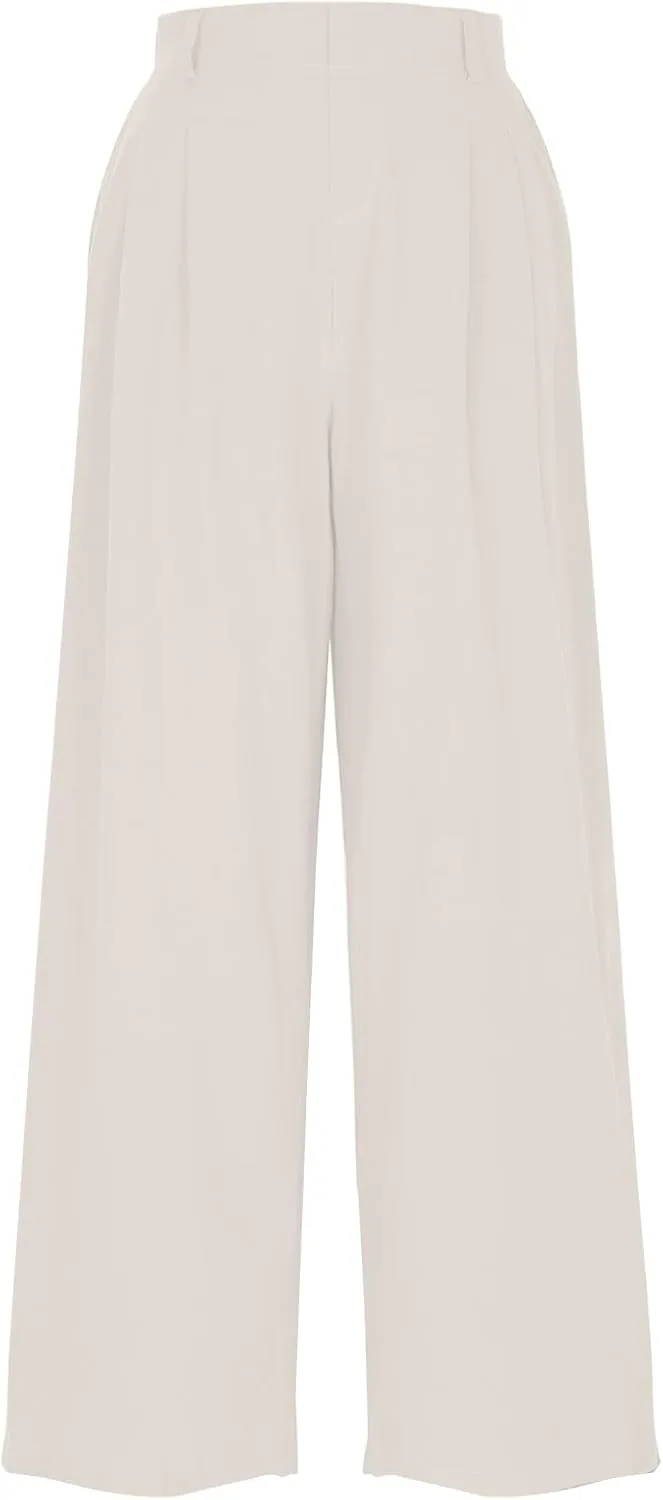 Summer Cotton Linen Pants for Women Loose Fit Wide Leg Trousers High Waist Flowy Beach Palazzo Pants with Pocket