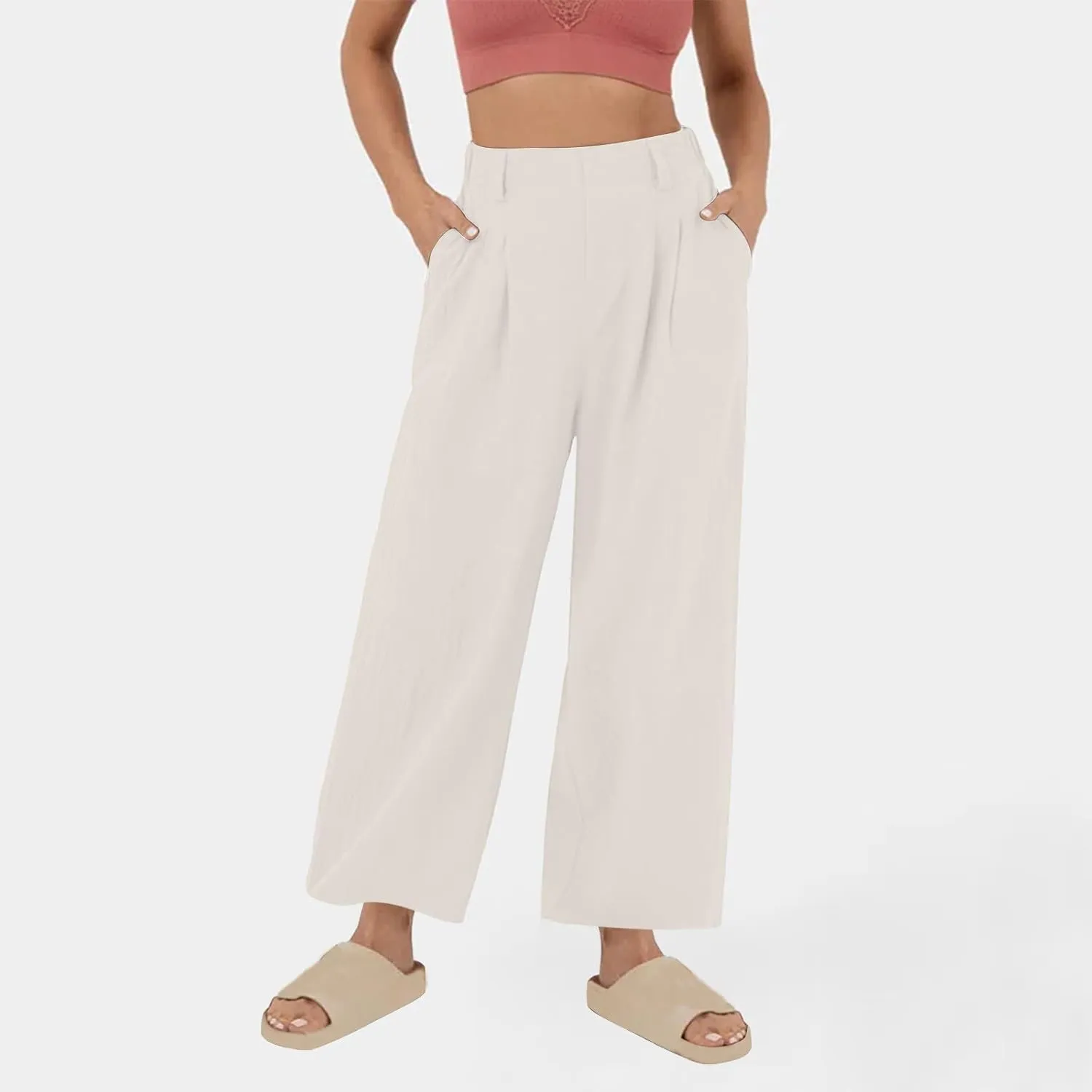 Summer Cotton Linen Pants for Women Loose Fit Wide Leg Trousers High Waist Flowy Beach Palazzo Pants with Pocket