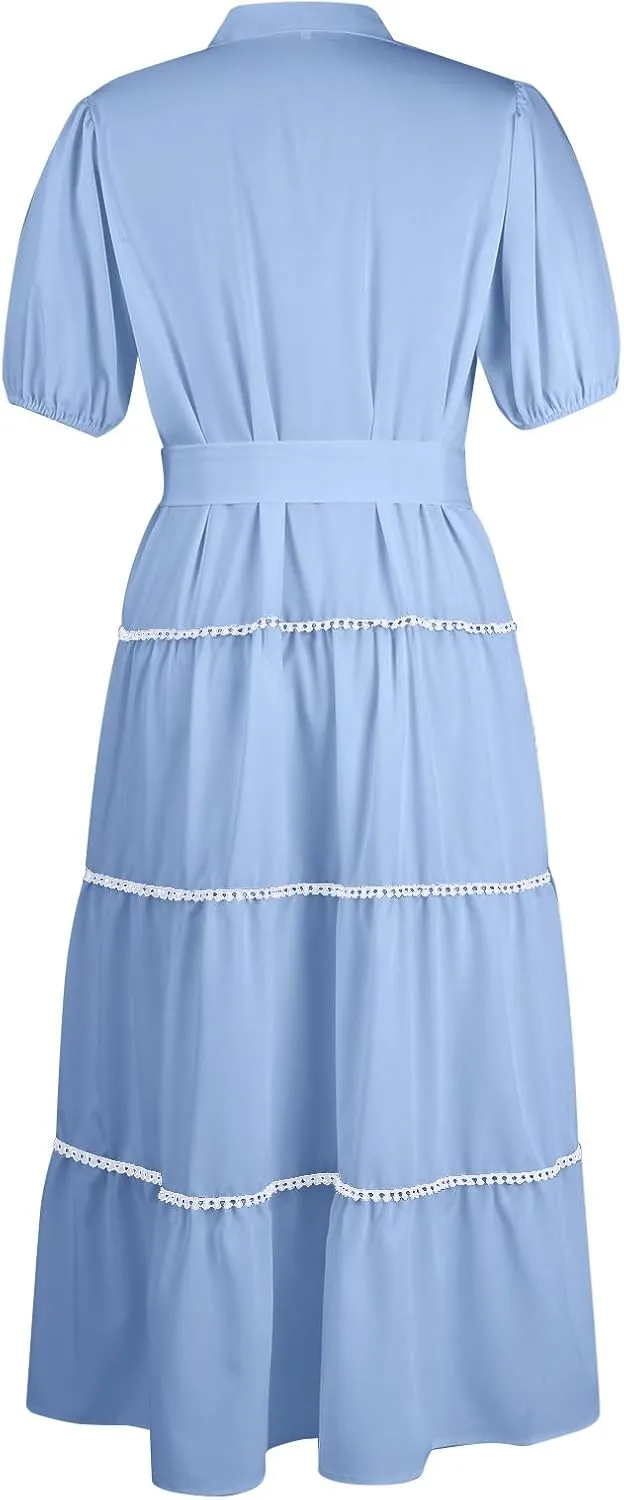 Summer Dresses for Women 2024 Womens Button Down Shirt Dress Short Puffy Sleeve Tiered Ruffle Flowy Long Maxi Dresses
