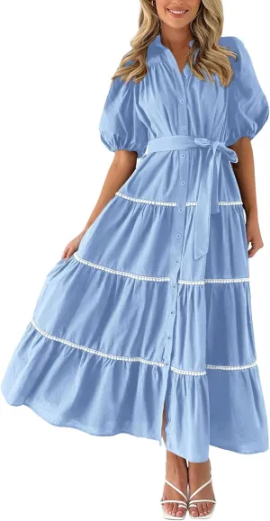 Summer Dresses for Women 2024 Womens Button Down Shirt Dress Short Puffy Sleeve Tiered Ruffle Flowy Long Maxi Dresses