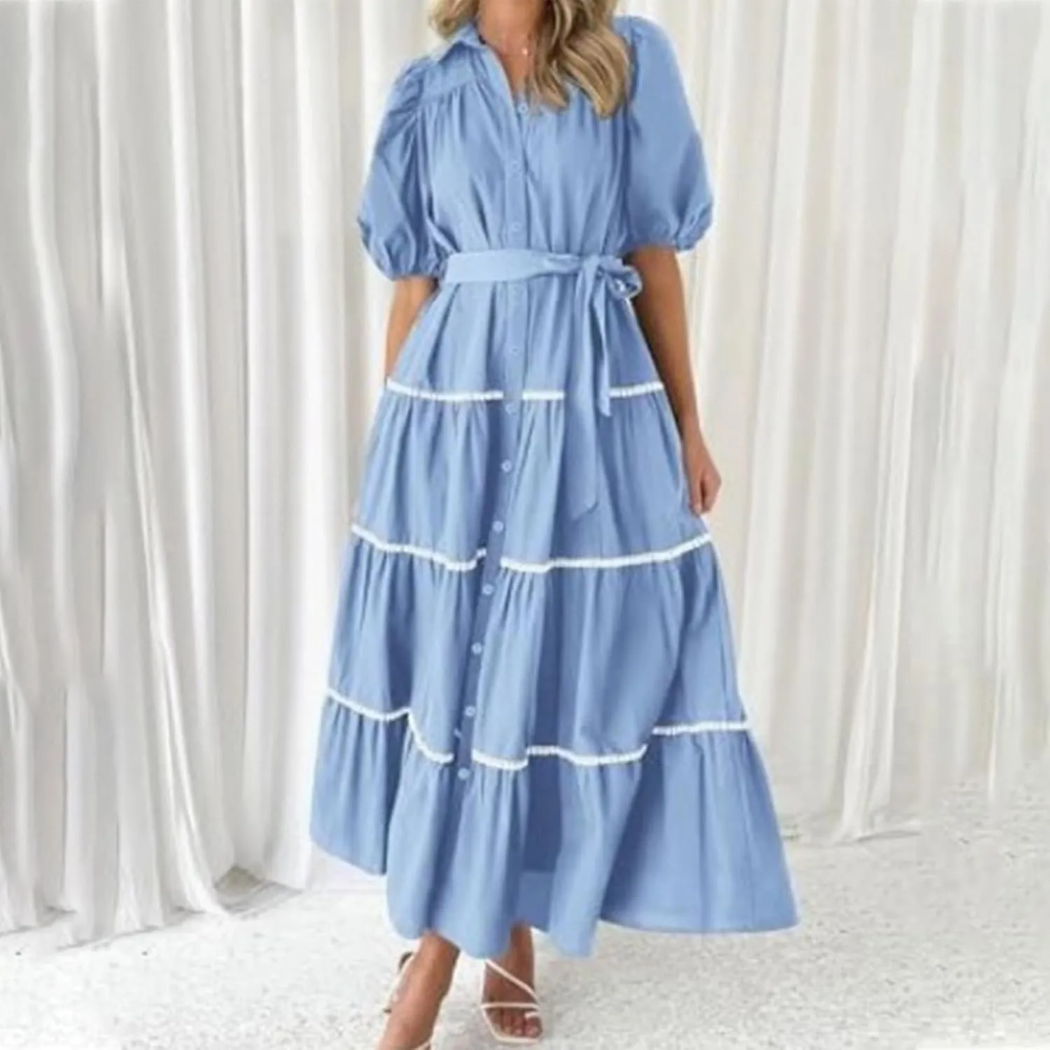 Summer Dresses for Women 2024 Womens Button Down Shirt Dress Short Puffy Sleeve Tiered Ruffle Flowy Long Maxi Dresses
