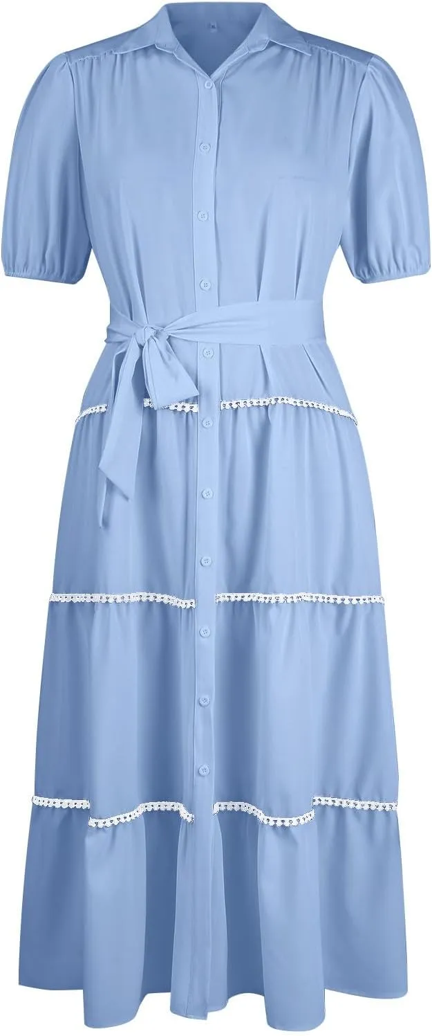 Summer Dresses for Women 2024 Womens Button Down Shirt Dress Short Puffy Sleeve Tiered Ruffle Flowy Long Maxi Dresses