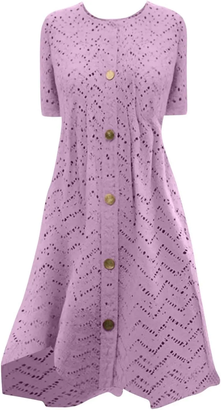 Summer Dresses for Women 2025 Trendy Crew Neck Eyelet Short Sleeve Maxi Dress Boho Beach Vacation Sundress with Pocket
