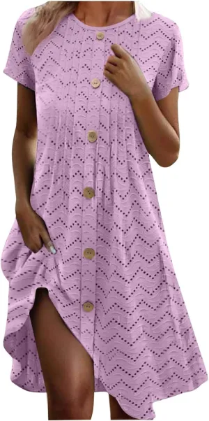 Summer Dresses for Women 2025 Trendy Crew Neck Eyelet Short Sleeve Maxi Dress Boho Beach Vacation Sundress with Pocket