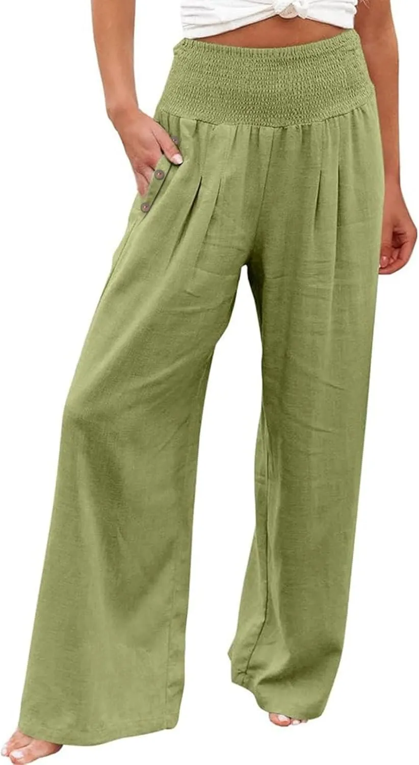 Summer Pants for Women Trendy 2024 High Waist Wide Leg Palazzo Pant Casual Loose Cotton Linen Lounge Trousers