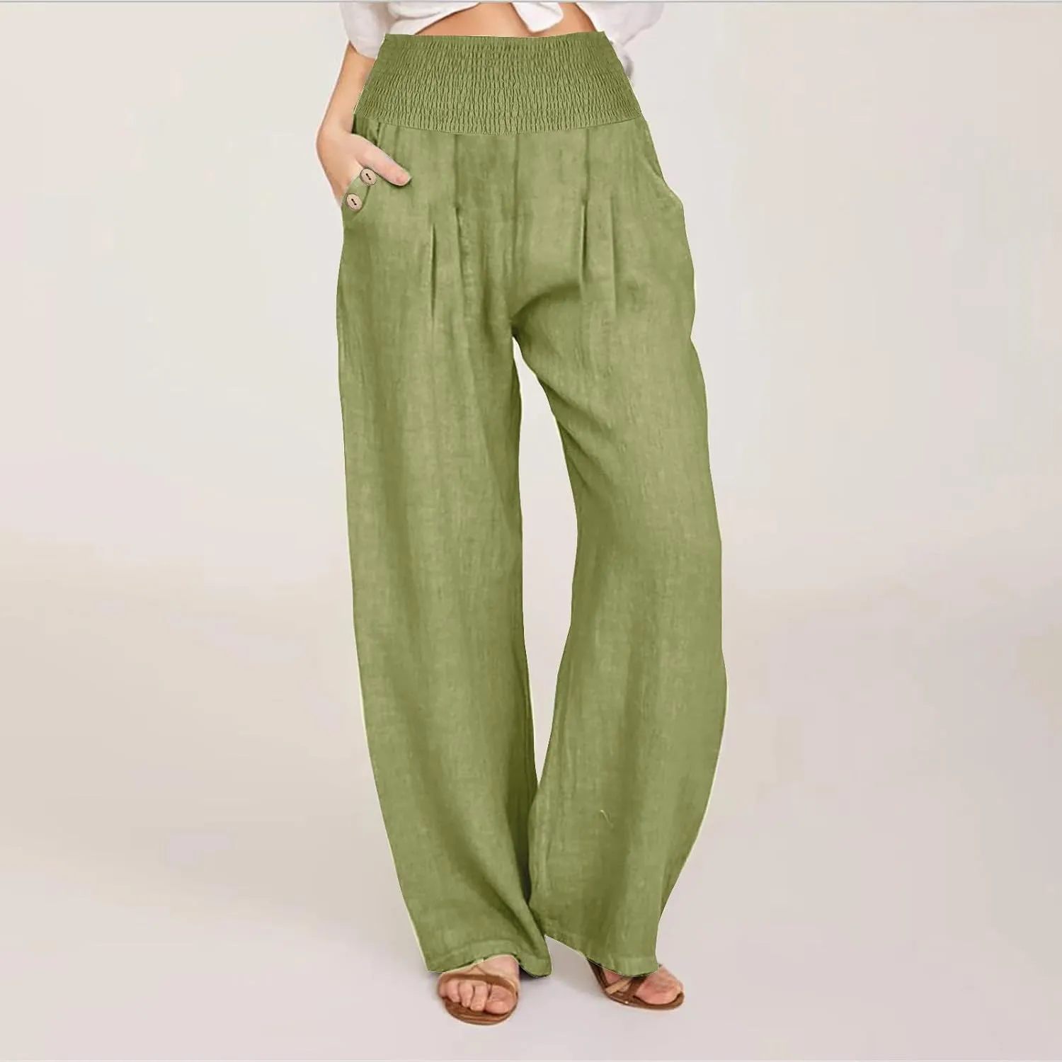 Summer Pants for Women Trendy 2024 High Waist Wide Leg Palazzo Pant Casual Loose Cotton Linen Lounge Trousers