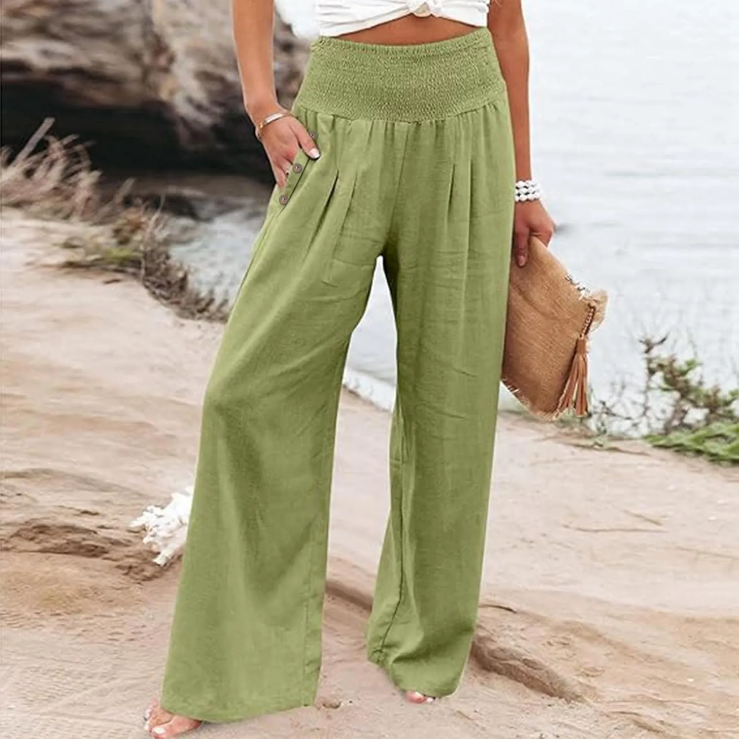 Summer Pants for Women Trendy 2024 High Waist Wide Leg Palazzo Pant Casual Loose Cotton Linen Lounge Trousers