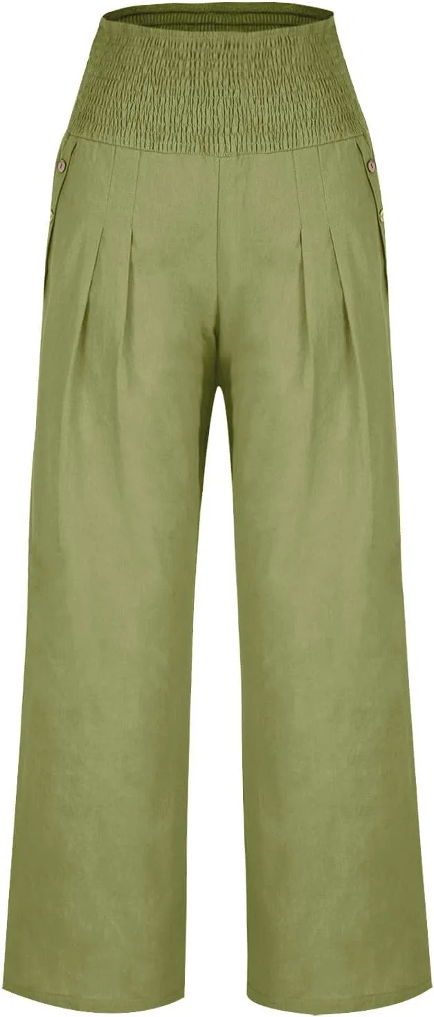 Summer Pants for Women Trendy 2024 High Waist Wide Leg Palazzo Pant Casual Loose Cotton Linen Lounge Trousers