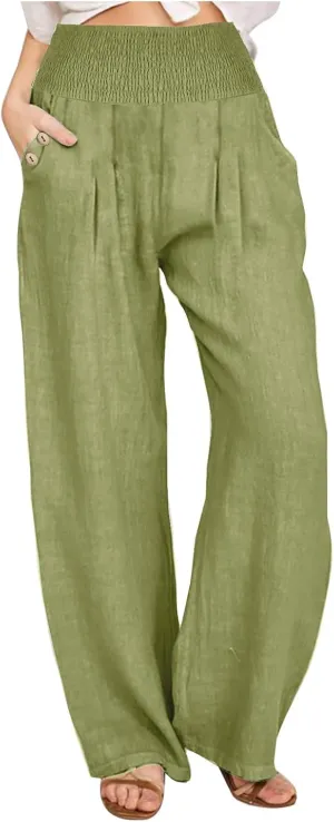Summer Pants for Women Trendy 2024 High Waist Wide Leg Palazzo Pant Casual Loose Cotton Linen Lounge Trousers