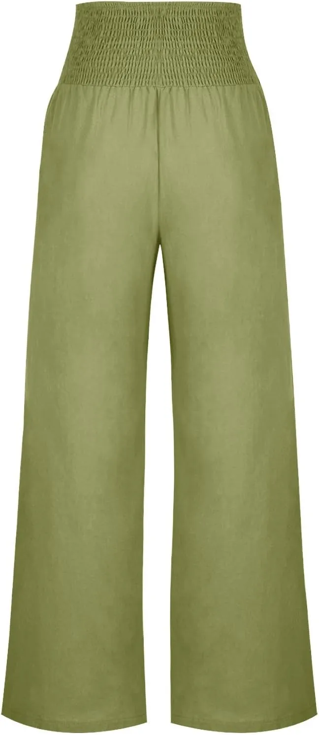 Summer Pants for Women Trendy 2024 High Waist Wide Leg Palazzo Pant Casual Loose Cotton Linen Lounge Trousers