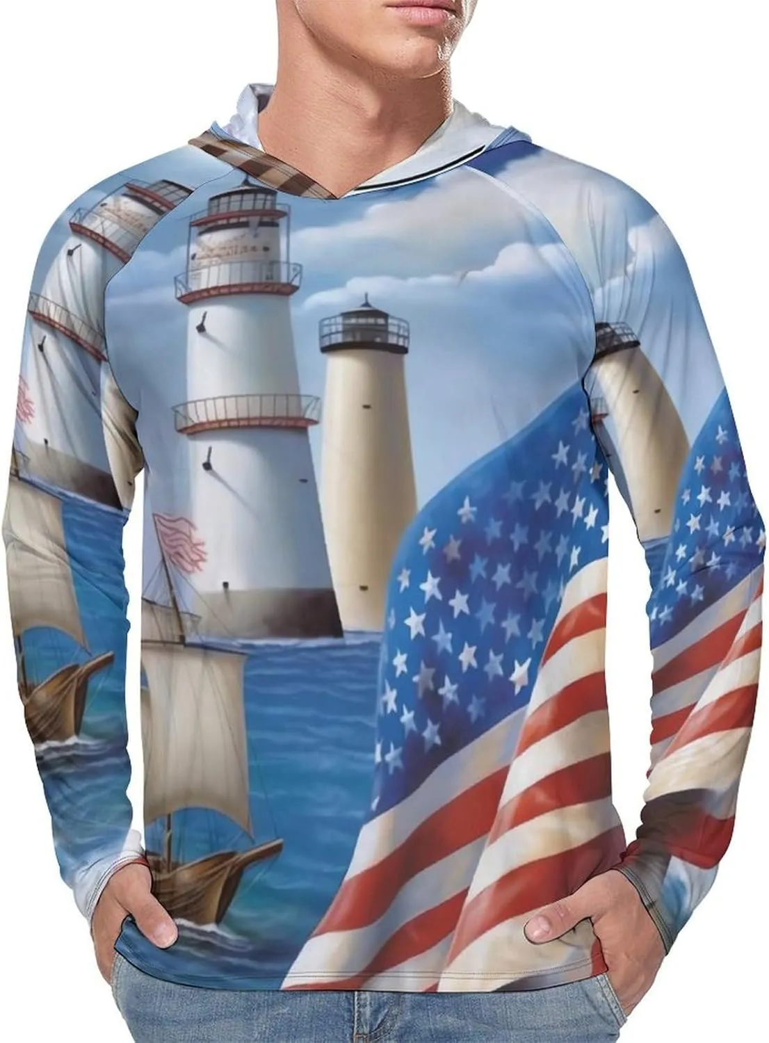 Sun Protection Shirt Long Sleeve Hoodie Sea to Shining Sea Patriotic Lightweight Rash Guard Quick Dry Sun Shirt for Outdoor