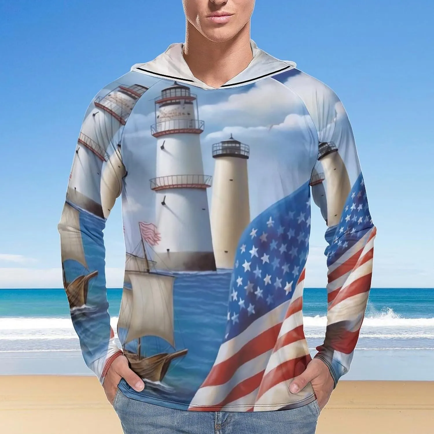 Sun Protection Shirt Long Sleeve Hoodie Sea to Shining Sea Patriotic Lightweight Rash Guard Quick Dry Sun Shirt for Outdoor