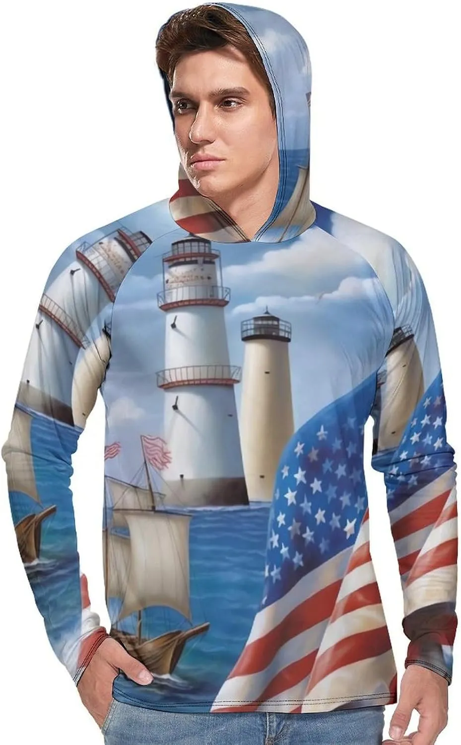 Sun Protection Shirt Long Sleeve Hoodie Sea to Shining Sea Patriotic Lightweight Rash Guard Quick Dry Sun Shirt for Outdoor