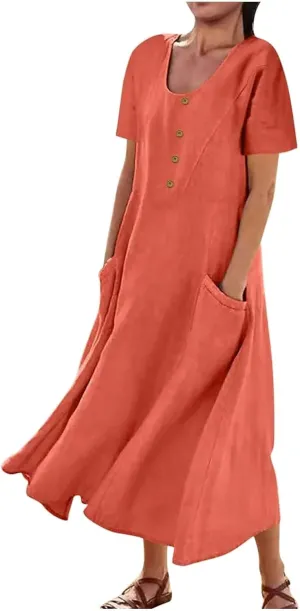 Sundress with Pockets Casual Spring Summer Dresses for Women 2025 Cotton Linen Short Sleeve Midi Dress Flowy Dresses