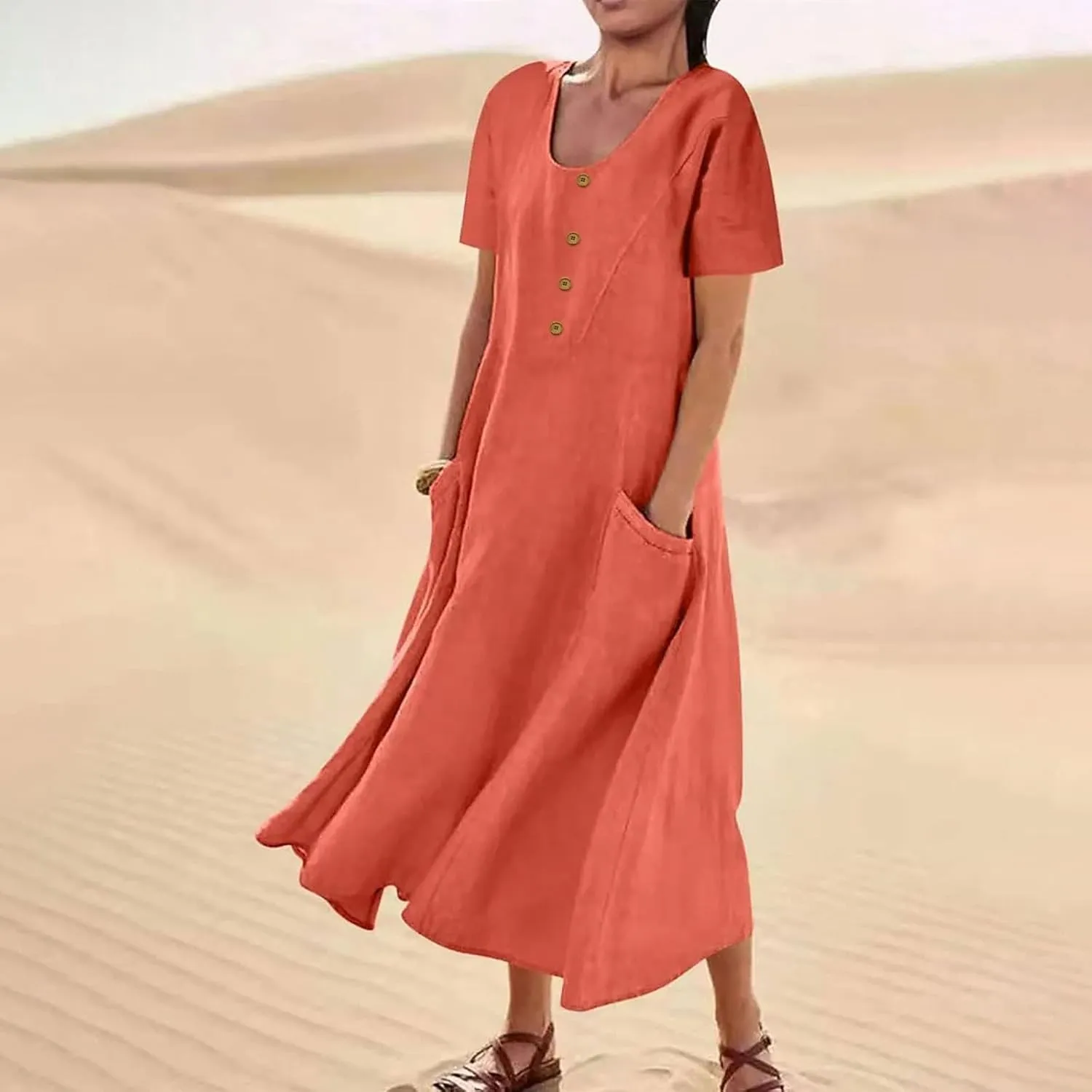 Sundress with Pockets Casual Spring Summer Dresses for Women 2025 Cotton Linen Short Sleeve Midi Dress Flowy Dresses