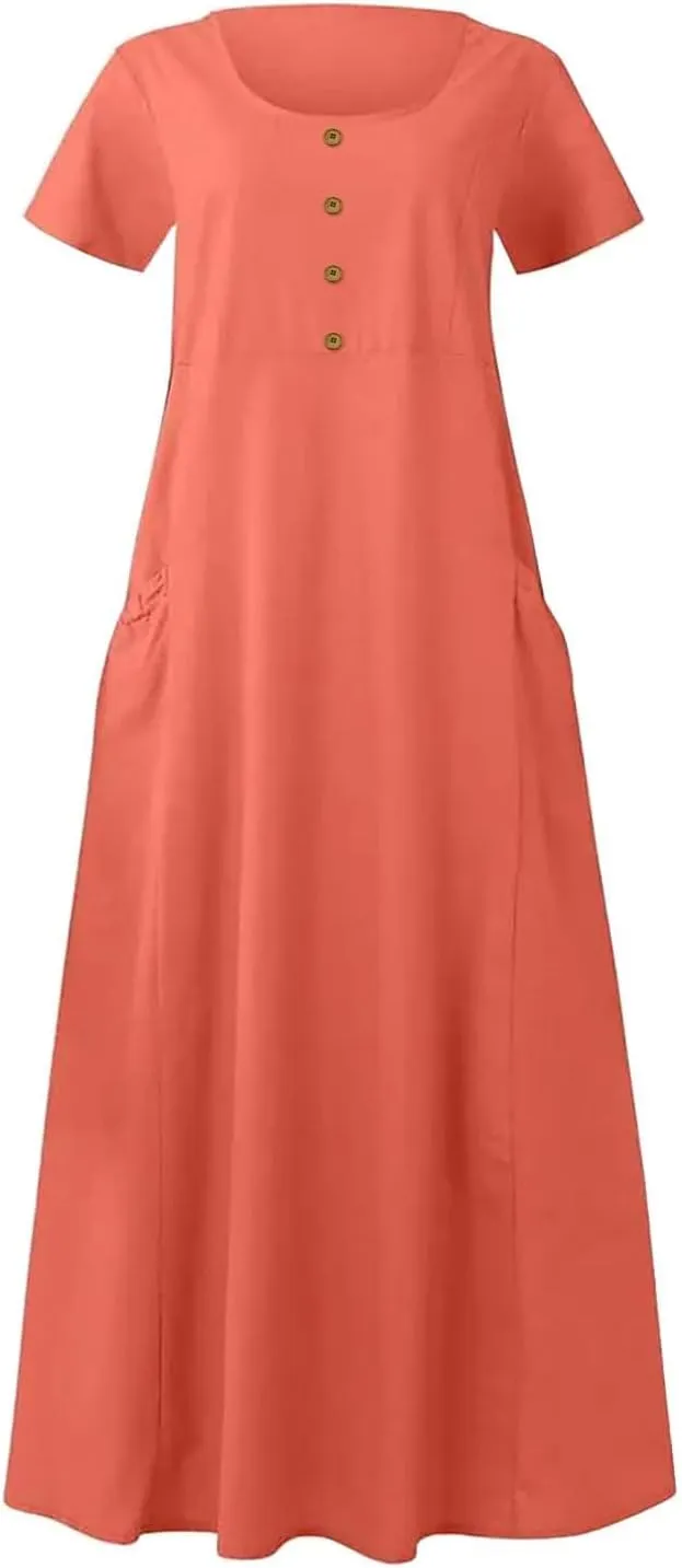 Sundress with Pockets Casual Spring Summer Dresses for Women 2025 Cotton Linen Short Sleeve Midi Dress Flowy Dresses