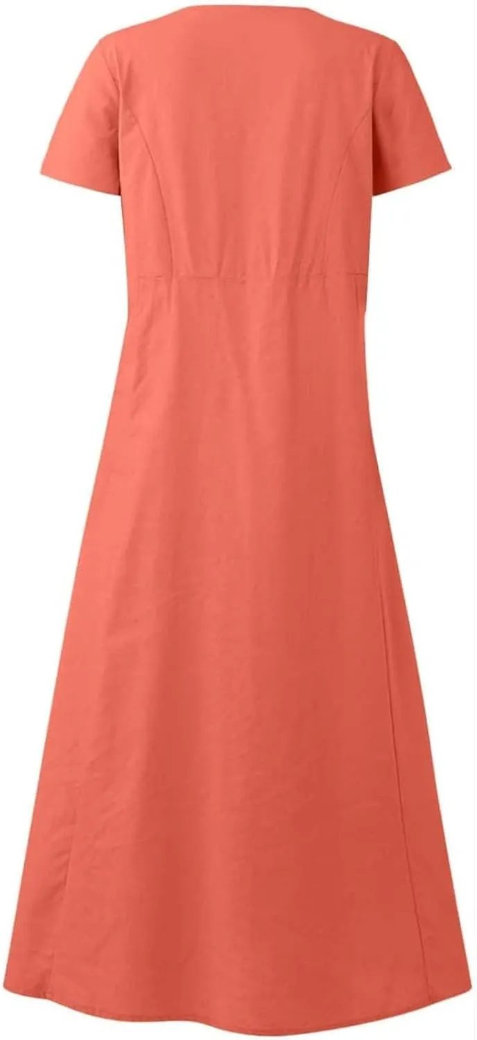 Sundress with Pockets Casual Spring Summer Dresses for Women 2025 Cotton Linen Short Sleeve Midi Dress Flowy Dresses
