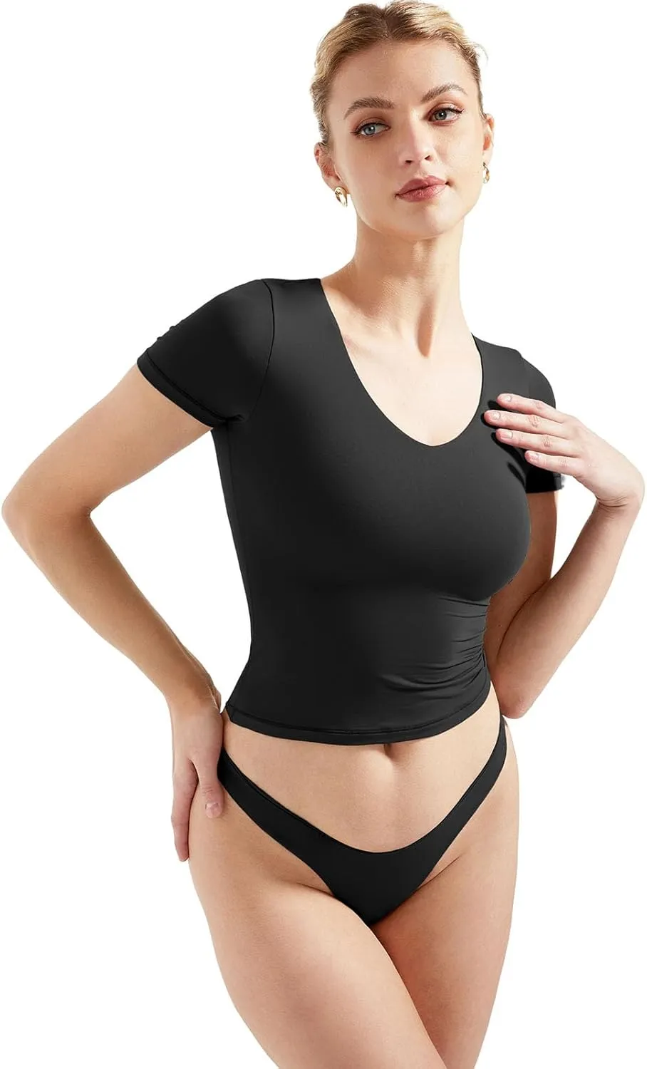 SUUKSESS Women Double Lined Fitted Basic Tee Sexy V Neck Short Sleeve Y2K Crop Top
