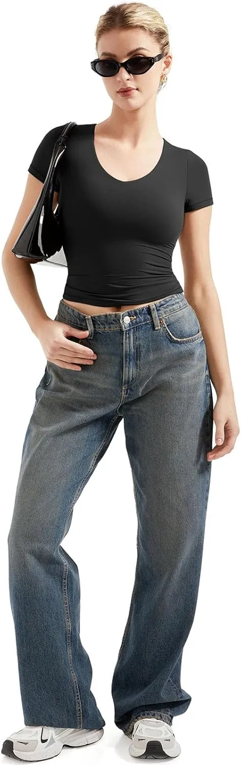 SUUKSESS Women Double Lined Fitted Basic Tee Sexy V Neck Short Sleeve Y2K Crop Top