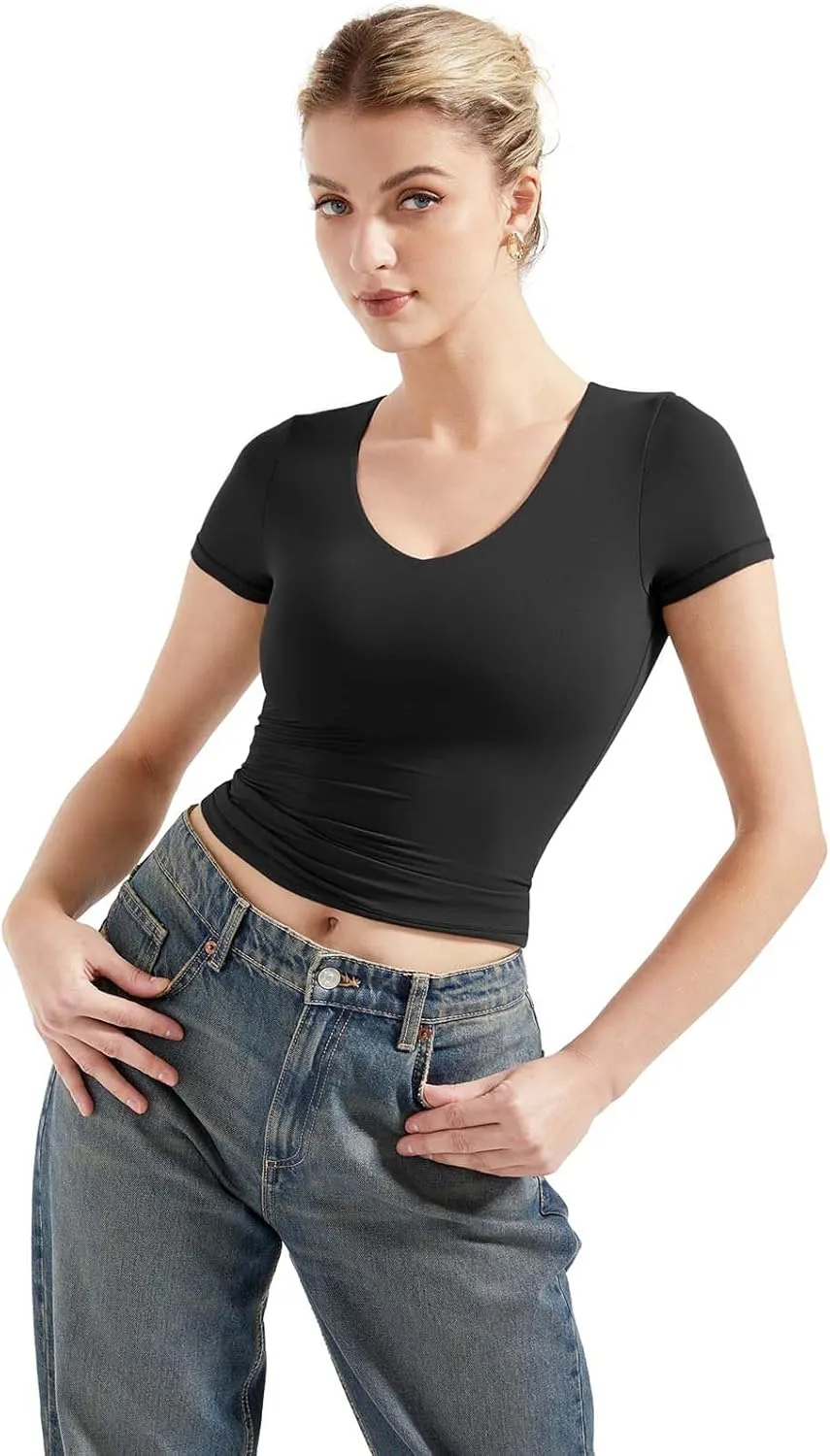 SUUKSESS Women Double Lined Fitted Basic Tee Sexy V Neck Short Sleeve Y2K Crop Top